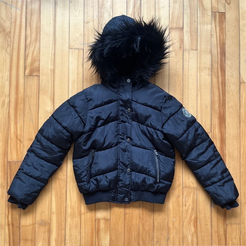 Steve Madden Girls Puffer Jacket Black Faux Fur Hood Winter Coat Size M 10/12